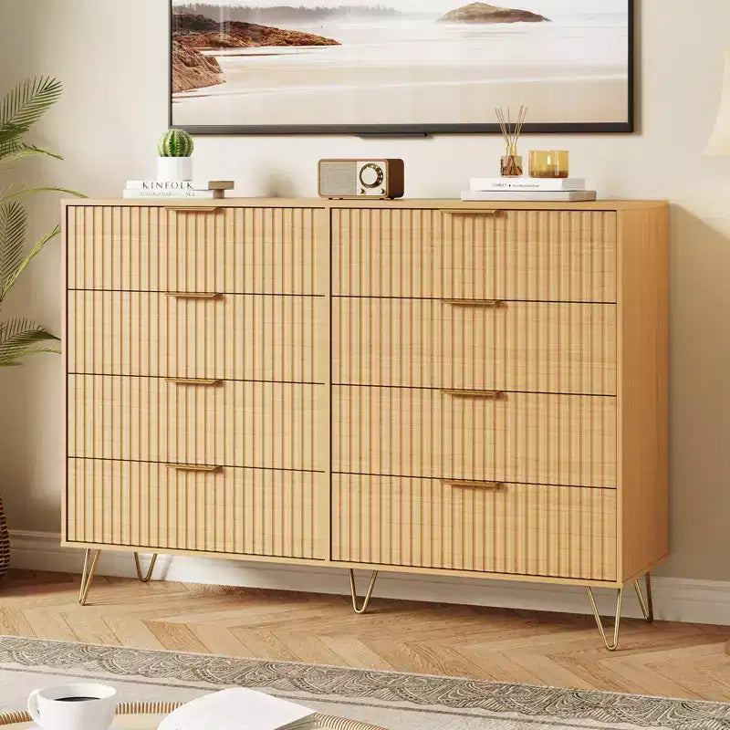 Stylish 8 Drawer Dresser for Bedroom, 55 Wood Storage Dresser with Metal Handles, Modern Closet Dresser Ideal for Bedroom, Living Room, Entryway