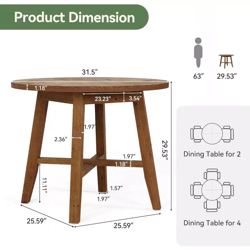 Lantine Solid Wood Round Dining Table for 2-4, 31.5-Inch Farmhouse Kitchen Table for Small Spaces, Dining Room, or Apartment