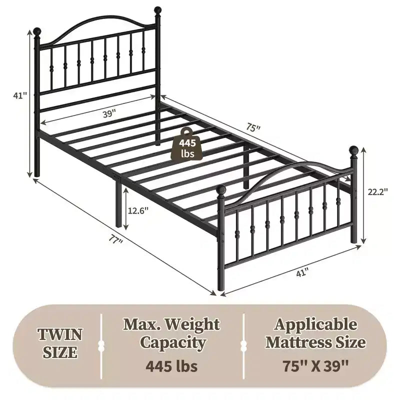 Coolmee Metal Bed Frame with Retro Round Headboard & Footboard, Sturdy Iron Construction, Noise-Free Design, No Box Spring Required