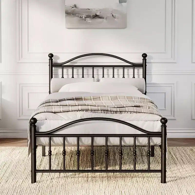 Coolmee Metal Bed Frame with Retro Round Headboard & Footboard, Sturdy Iron Construction, Noise-Free Design, No Box Spring Required
