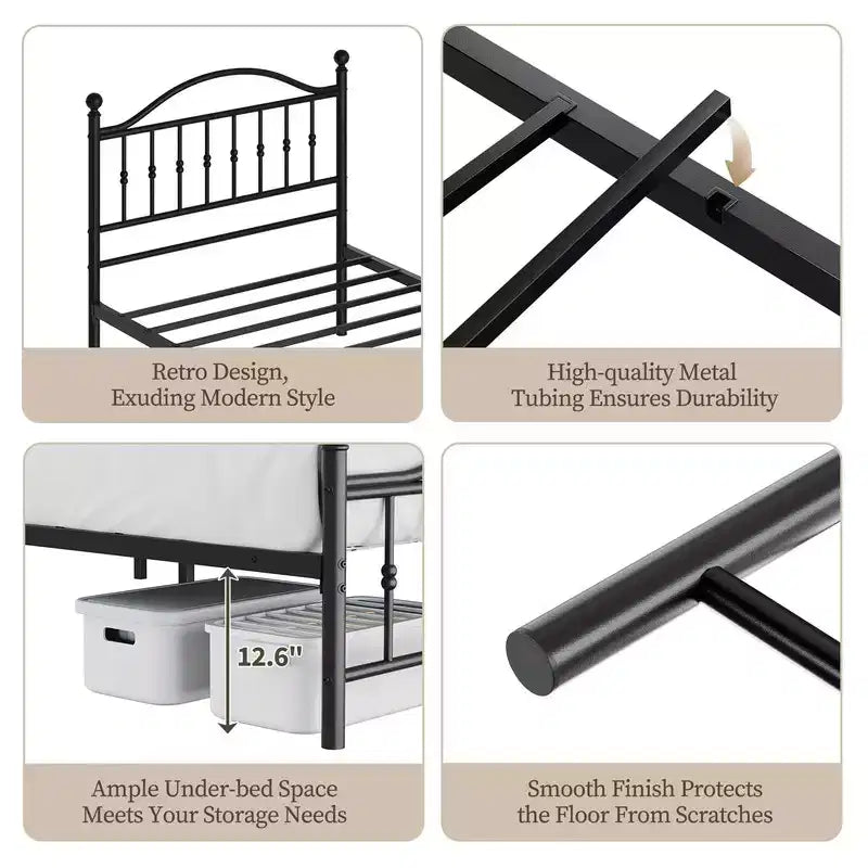 Coolmee Metal Bed Frame with Retro Round Headboard & Footboard, Sturdy Iron Construction, Noise-Free Design, No Box Spring Required