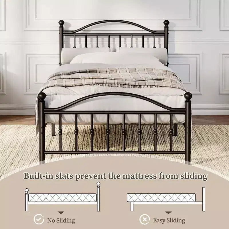 Coolmee Metal Bed Frame with Retro Round Headboard & Footboard, Sturdy Iron Construction, Noise-Free Design, No Box Spring Required