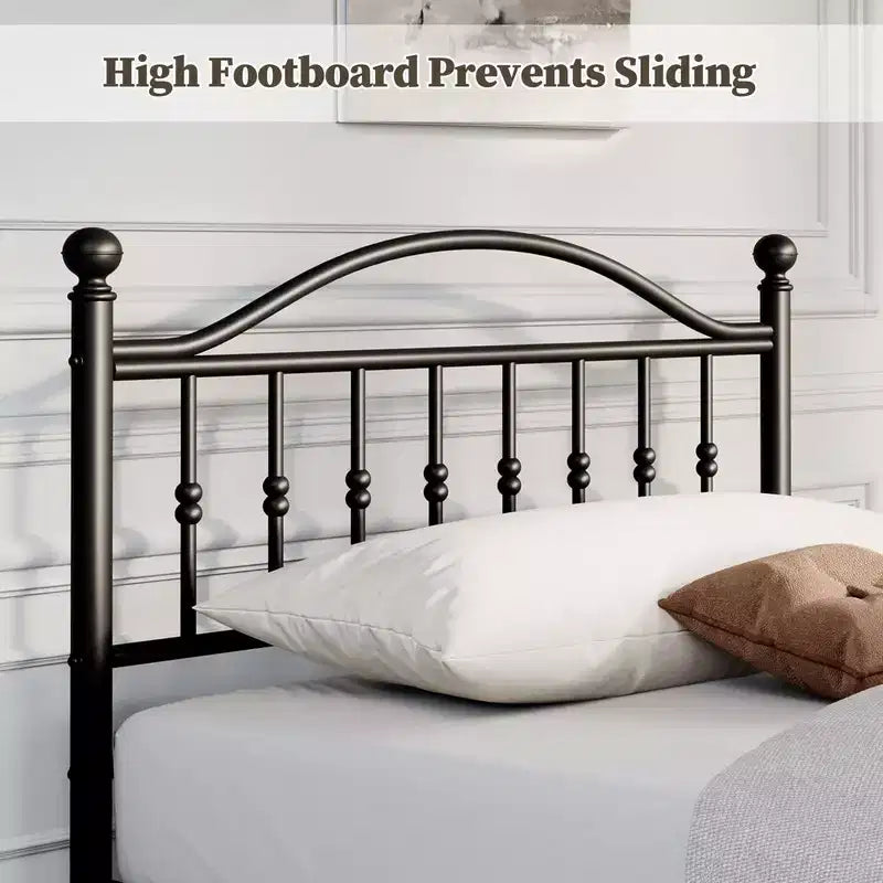 Coolmee Metal Bed Frame with Retro Round Headboard & Footboard, Sturdy Iron Construction, Noise-Free Design, No Box Spring Required