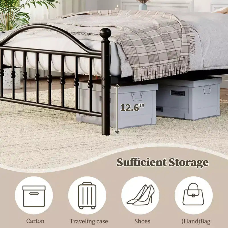Coolmee Metal Bed Frame with Retro Round Headboard & Footboard, Sturdy Iron Construction, Noise-Free Design, No Box Spring Required