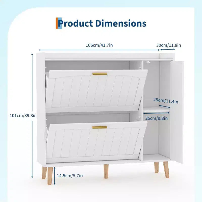 COZONY White Wooden Shoe Cabinet with Mirror, 2 Flip Drawers & Side Storage, Slim Entryway Organizer