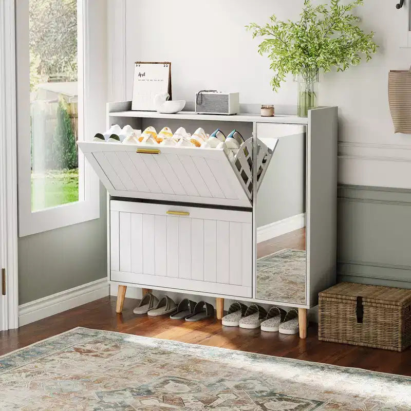 COZONY White Wooden Shoe Cabinet with Mirror, 2 Flip Drawers & Side Storage, Slim Entryway Organizer