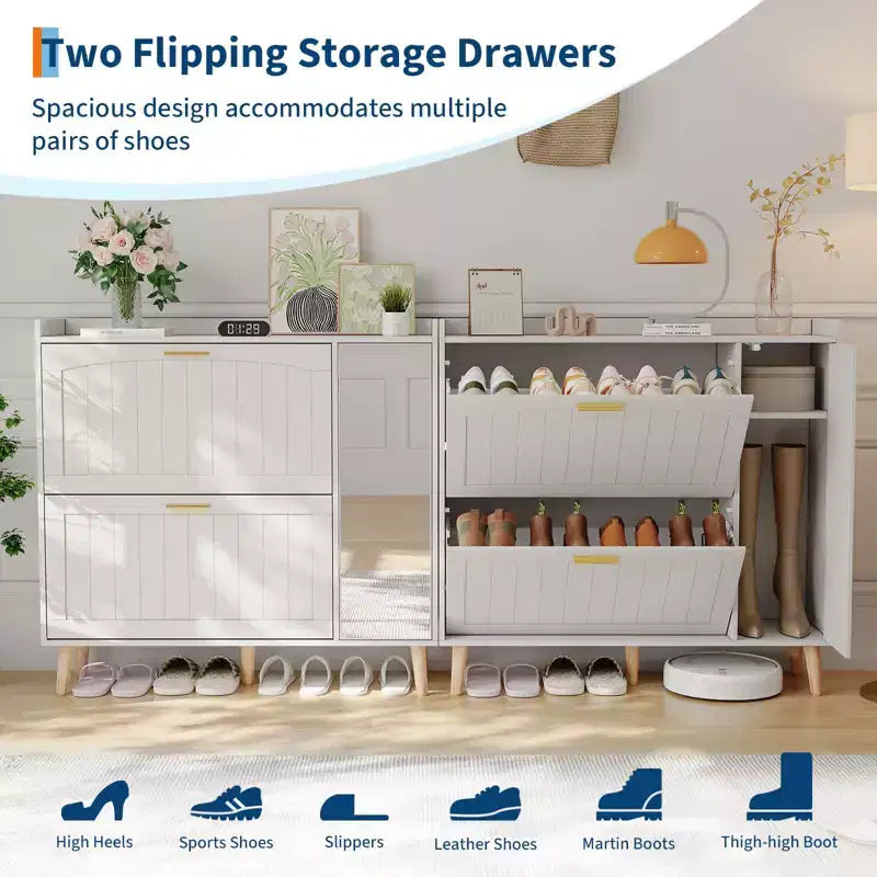 COZONY White Wooden Shoe Cabinet with Mirror, 2 Flip Drawers & Side Storage, Slim Entryway Organizer