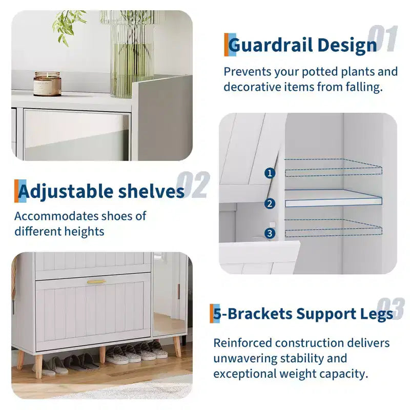 COZONY White Wooden Shoe Cabinet with Mirror, 2 Flip Drawers & Side Storage, Slim Entryway Organizer