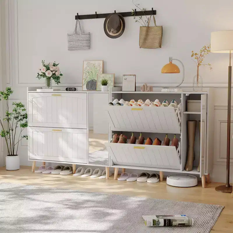 COZONY White Wooden Shoe Cabinet with Mirror, 2 Flip Drawers & Side Storage, Slim Entryway Organizer