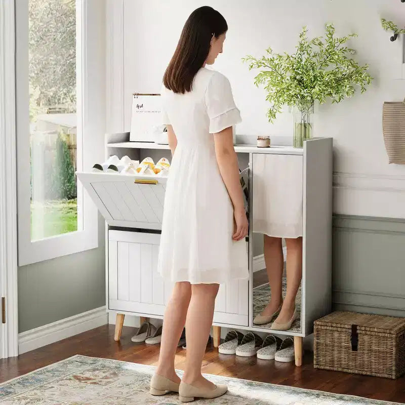 COZONY White Wooden Shoe Cabinet with Mirror, 2 Flip Drawers & Side Storage, Slim Entryway Organizer