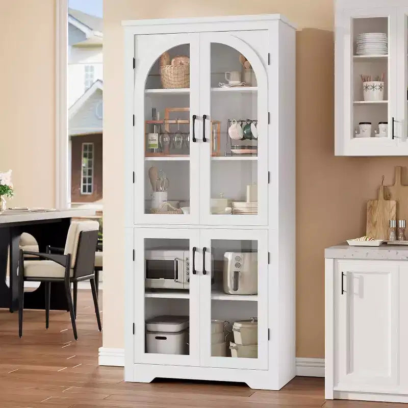 70 Kitchen Pantry Cabinet, Display Cabinet with 4 Arched Glass Doors & Adjustable Shelves, Versatile Cupboard Organizers for Kitchen, Living Room
