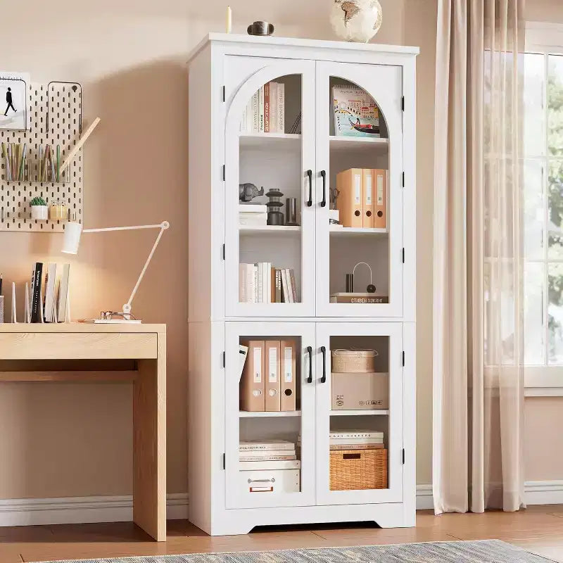 70 Kitchen Pantry Cabinet, Display Cabinet with 4 Arched Glass Doors & Adjustable Shelves, Versatile Cupboard Organizers for Kitchen, Living Room