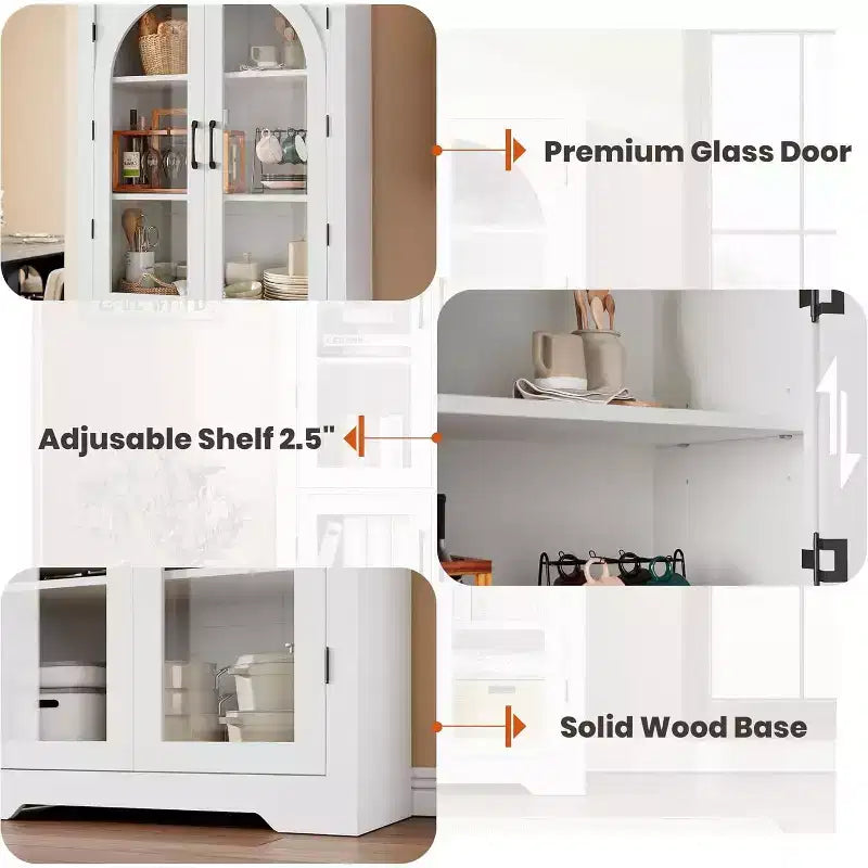 70 Kitchen Pantry Cabinet, Display Cabinet with 4 Arched Glass Doors & Adjustable Shelves, Versatile Cupboard Organizers for Kitchen, Living Room