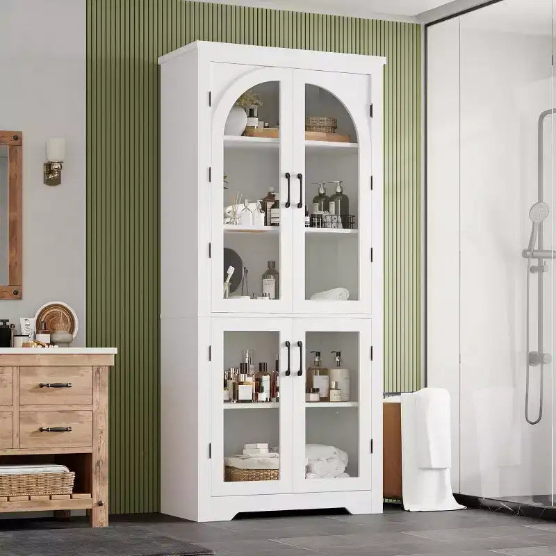 70 Kitchen Pantry Cabinet, Display Cabinet with 4 Arched Glass Doors & Adjustable Shelves, Versatile Cupboard Organizers for Kitchen, Living Room