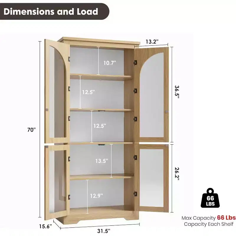 70 Kitchen Pantry Cabinet, Display Cabinet with 4 Arched Glass Doors & Adjustable Shelves, Versatile Cupboard Organizers for Kitchen, Living Room