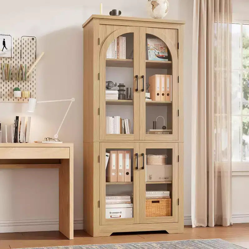 70 Kitchen Pantry Cabinet, Display Cabinet with 4 Arched Glass Doors & Adjustable Shelves, Versatile Cupboard Organizers for Kitchen, Living Room
