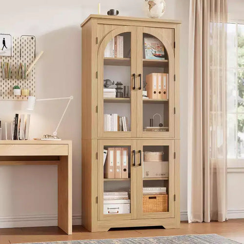 70 Kitchen Pantry Cabinet, Display Cabinet with 4 Arched Glass Doors & Adjustable Shelves, Versatile Cupboard Organizers for Kitchen, Living Room