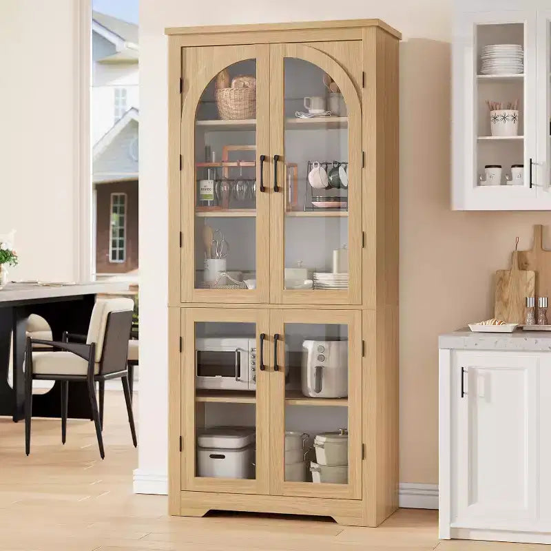 70 Kitchen Pantry Cabinet, Display Cabinet with 4 Arched Glass Doors & Adjustable Shelves, Versatile Cupboard Organizers for Kitchen, Living Room