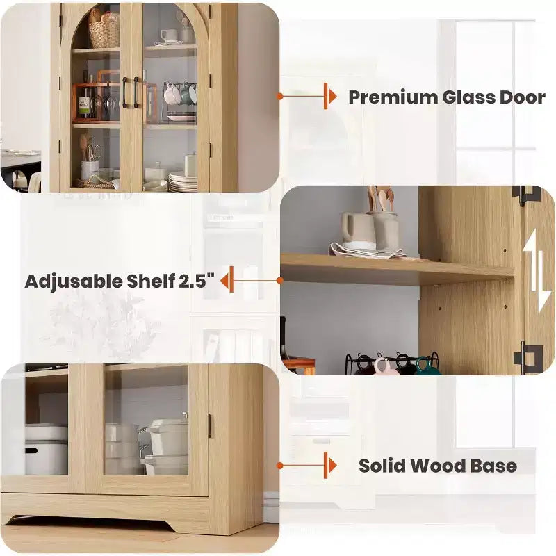 70 Kitchen Pantry Cabinet, Display Cabinet with 4 Arched Glass Doors & Adjustable Shelves, Versatile Cupboard Organizers for Kitchen, Living Room