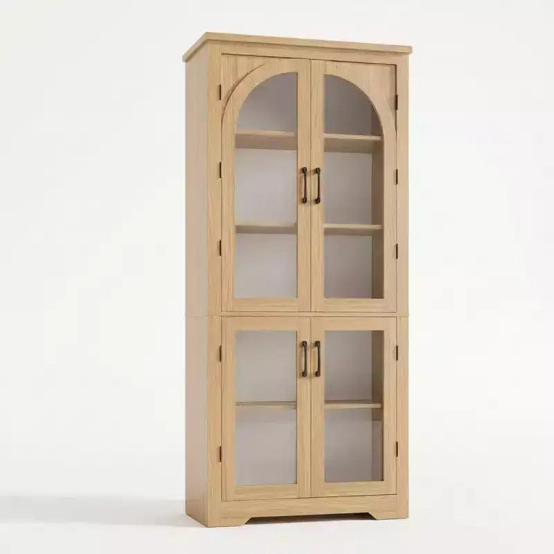 70 Kitchen Pantry Cabinet, Display Cabinet with 4 Arched Glass Doors & Adjustable Shelves, Versatile Cupboard Organizers for Kitchen, Living Room
