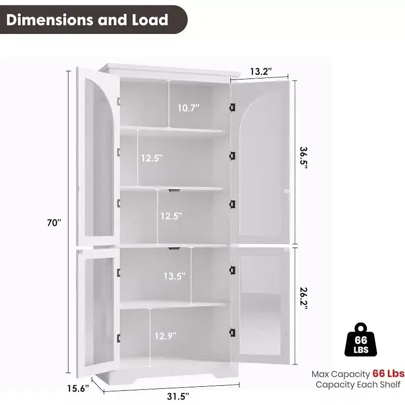 70 Kitchen Pantry Cabinet, Display Cabinet with 4 Arched Glass Doors & Adjustable Shelves, Versatile Cupboard Organizers for Kitchen, Living Room