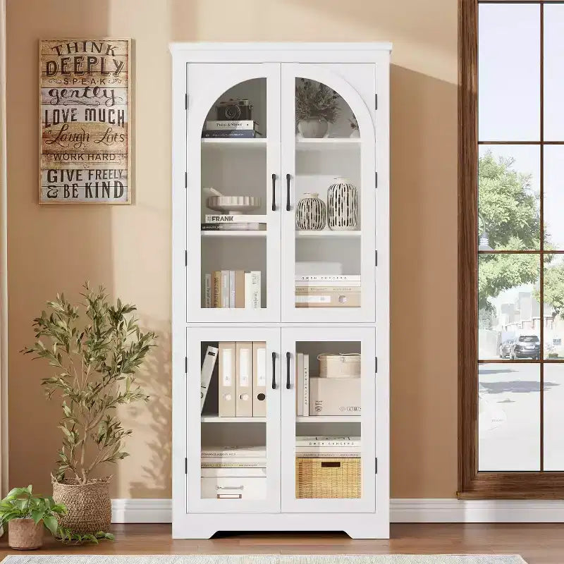 70 Kitchen Pantry Cabinet, Display Cabinet with 4 Arched Glass Doors & Adjustable Shelves, Versatile Cupboard Organizers for Kitchen, Living Room