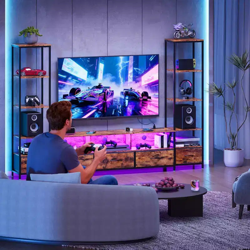 Farmhouse Entertainment Center with Storage -Large TV Stand for Living Room Holds TVs Up to 70, Tall TV Stand with LED Lighting & Electrical Outlets