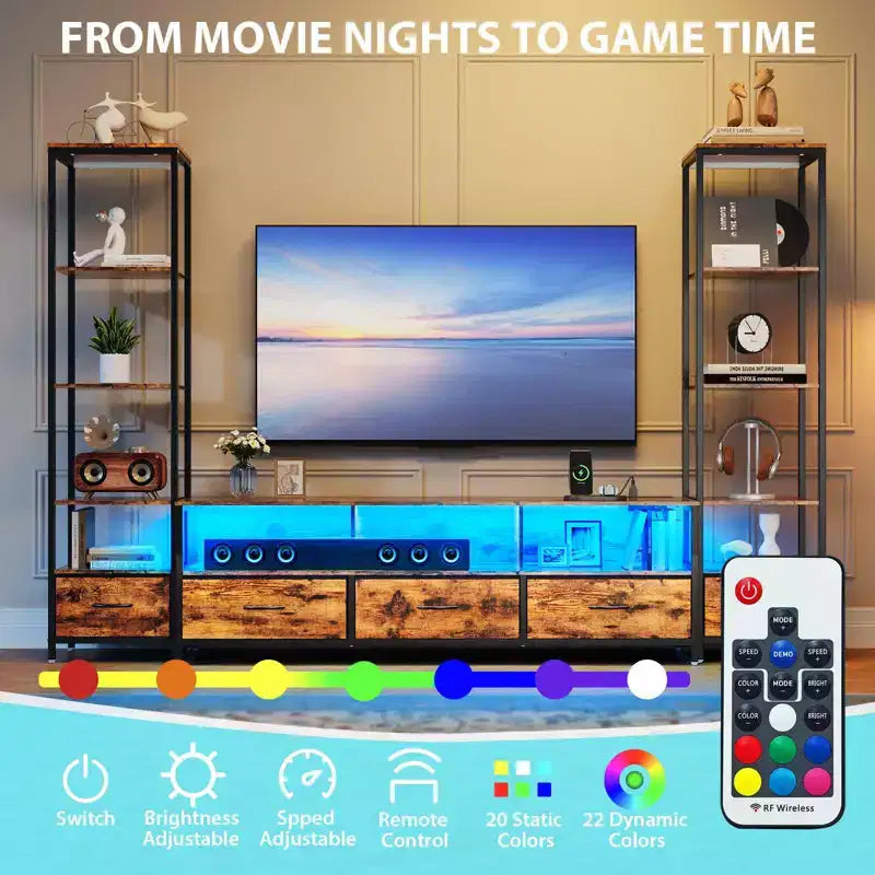 Farmhouse Entertainment Center with Storage -Large TV Stand for Living Room Holds TVs Up to 70, Tall TV Stand with LED Lighting & Electrical Outlets