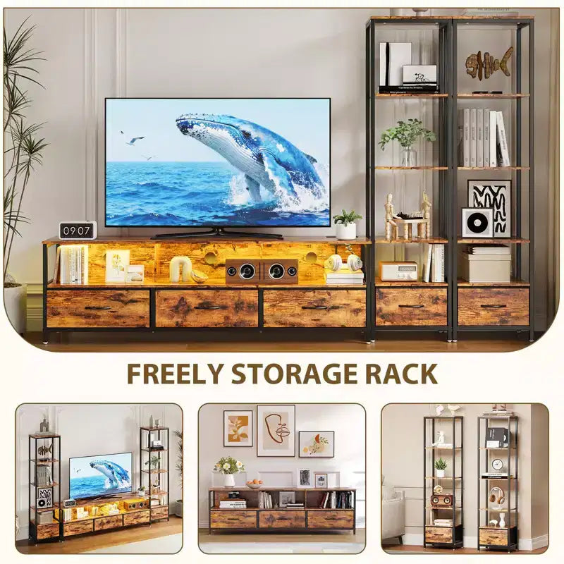 Farmhouse Entertainment Center with Storage -Large TV Stand for Living Room Holds TVs Up to 70, Tall TV Stand with LED Lighting & Electrical Outlets