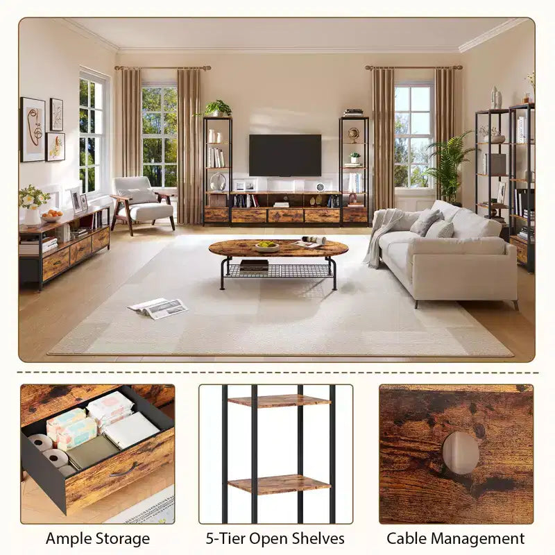 Farmhouse Entertainment Center with Storage -Large TV Stand for Living Room Holds TVs Up to 70, Tall TV Stand with LED Lighting & Electrical Outlets