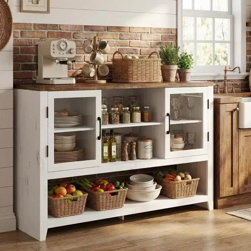 Sideboard Buffet Storage Cabinet with 3 Shelves and 2 Doors, 53 in Wide Coffee Bar Cabinet Farmhouse Credenza Table for Living Room Kitchen Entryway