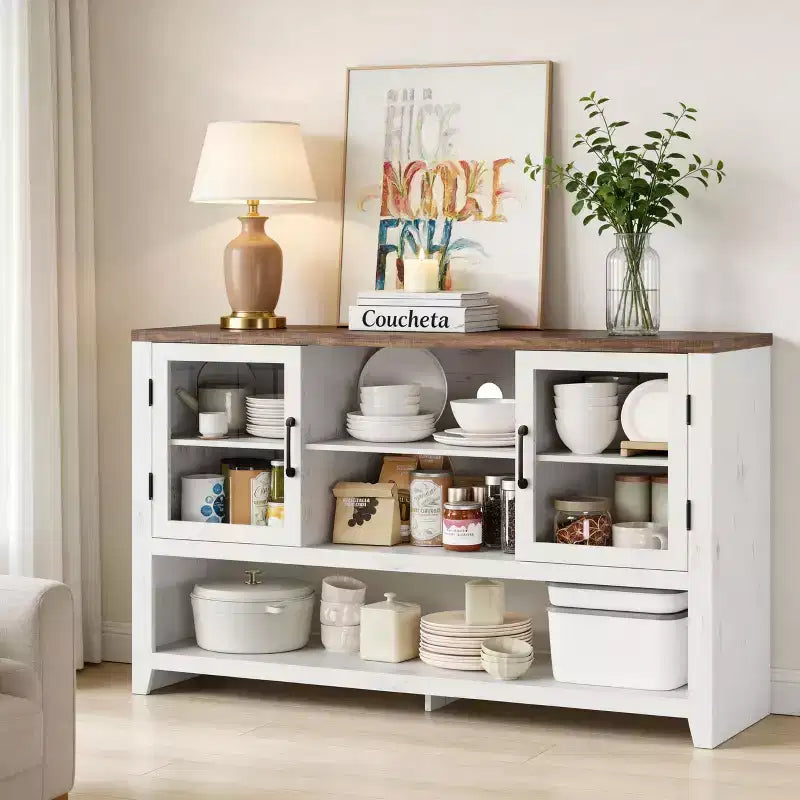 Sideboard Buffet Storage Cabinet with 3 Shelves and 2 Doors, 53 in Wide Coffee Bar Cabinet Farmhouse Credenza Table for Living Room Kitchen Entryway