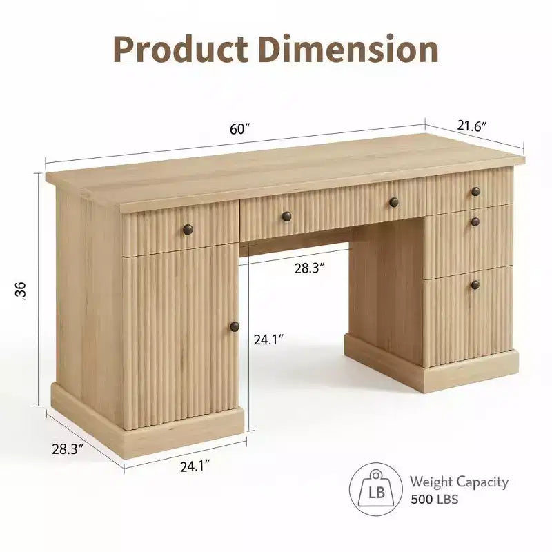 Modern Fluted Wooden Home Office Desk with File Drawers Executive Computer Desk with Charging Station Compact Storage Solution
