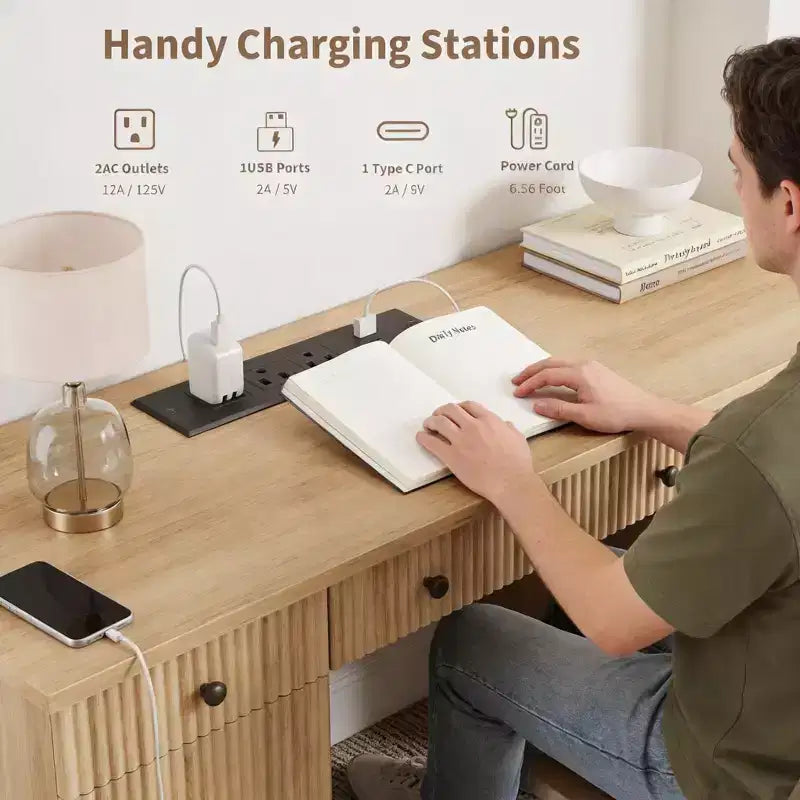 Modern Fluted Wooden Home Office Desk with File Drawers Executive Computer Desk with Charging Station Compact Storage Solution