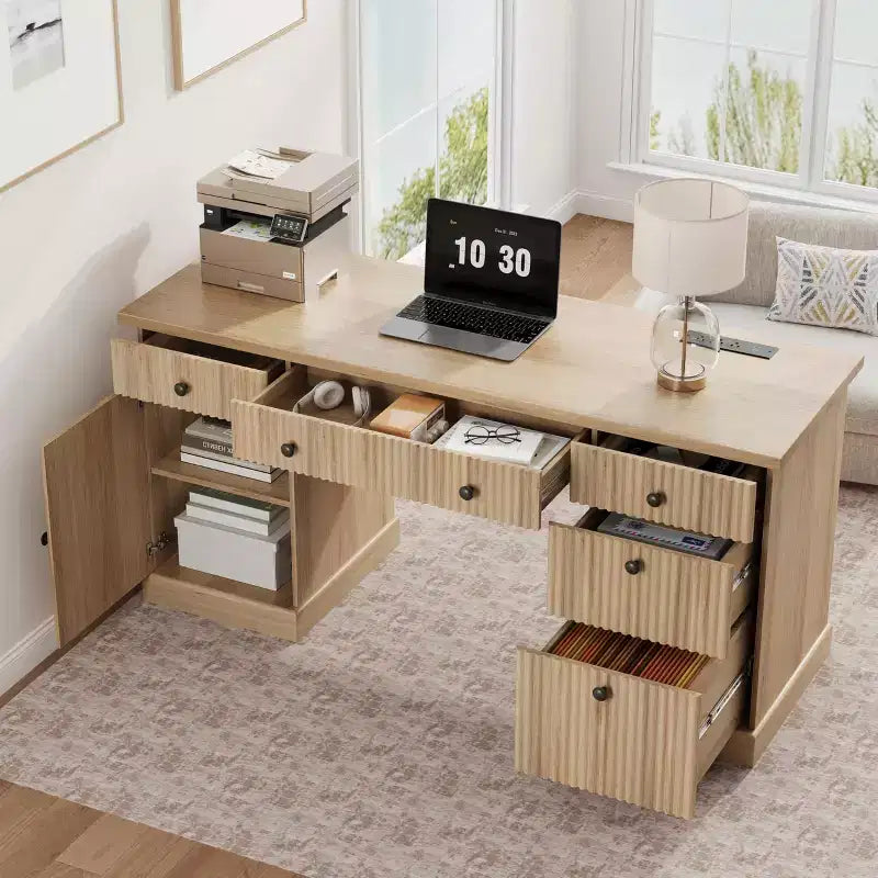 Modern Fluted Wooden Home Office Desk with File Drawers Executive Computer Desk with Charging Station Compact Storage Solution