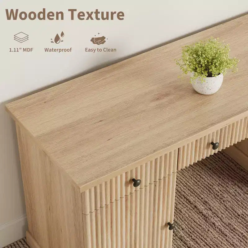 Modern Fluted Wooden Home Office Desk with File Drawers Executive Computer Desk with Charging Station Compact Storage Solution