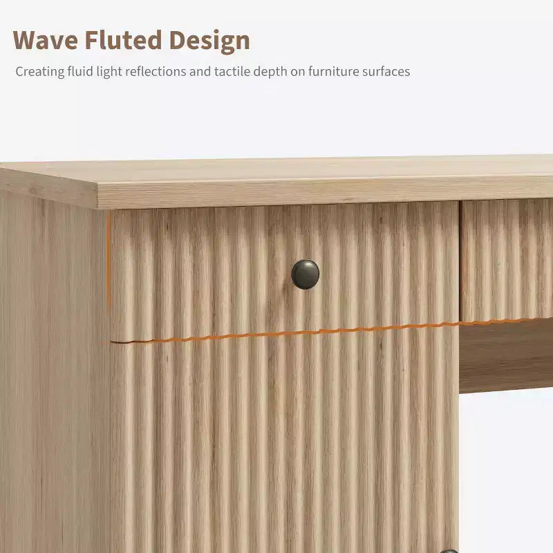 Modern Fluted Wooden Home Office Desk with File Drawers Executive Computer Desk with Charging Station Compact Storage Solution