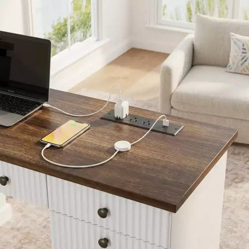 Modern Fluted Wooden Home Office Desk with File Drawers Executive Computer Desk with Charging Station Compact Storage Solution