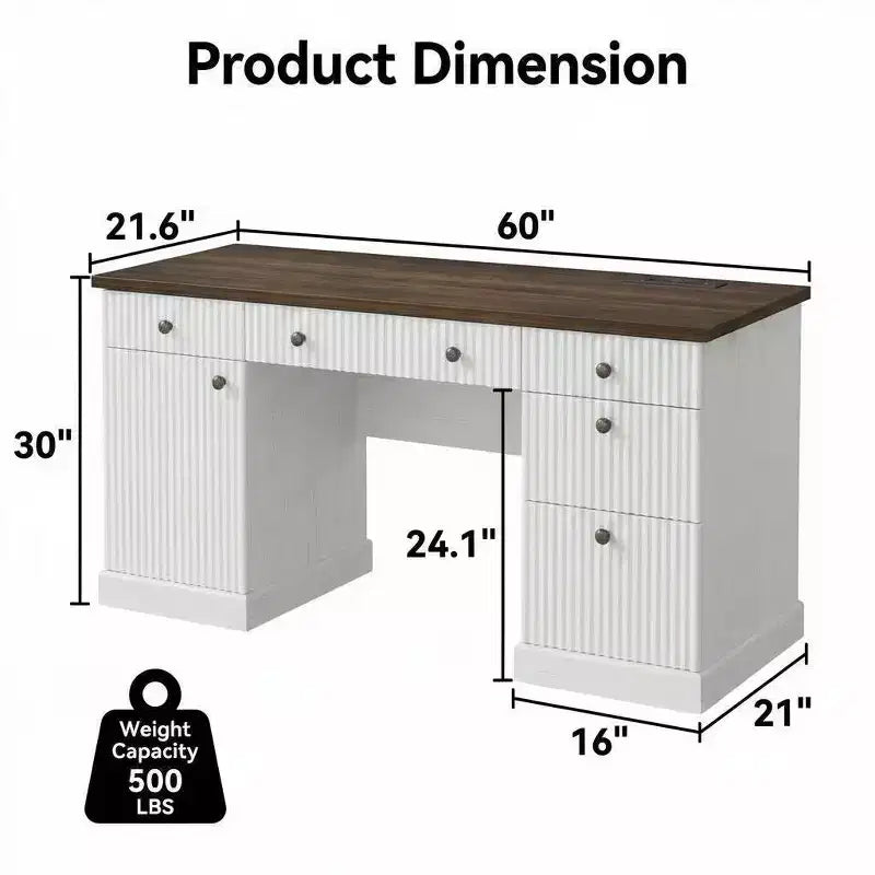 Modern Fluted Wooden Home Office Desk with File Drawers Executive Computer Desk with Charging Station Compact Storage Solution