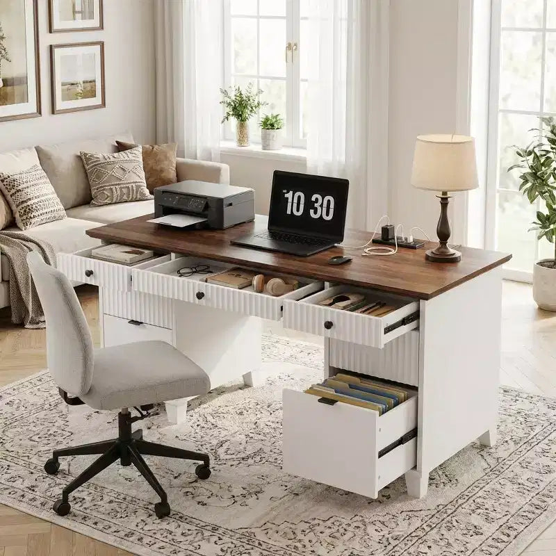 Modern Fluted Wooden Home Office Desk with File Drawers Executive Computer Desk with Charging Station Compact Storage Solution