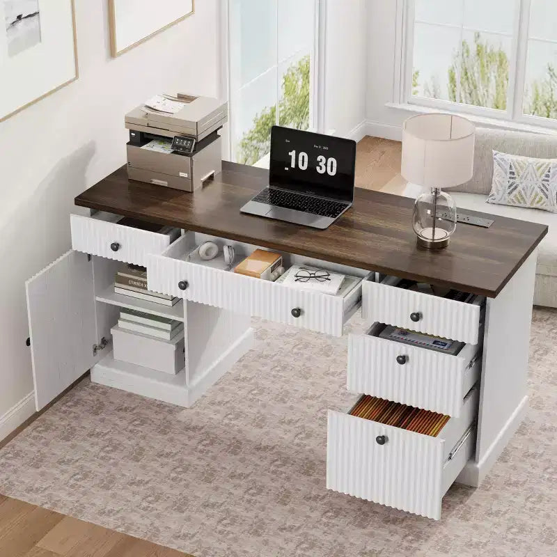 Modern Fluted Wooden Home Office Desk with File Drawers Executive Computer Desk with Charging Station Compact Storage Solution