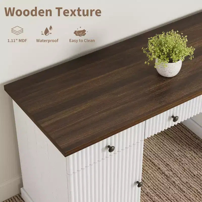 Modern Fluted Wooden Home Office Desk with File Drawers Executive Computer Desk with Charging Station Compact Storage Solution