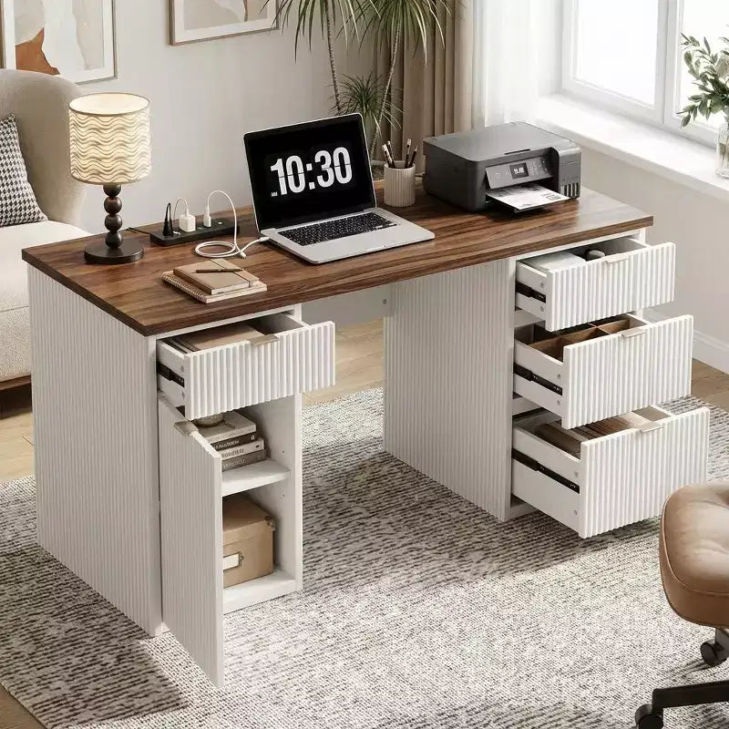 Modern Fluted Wooden Home Office Desk with File Drawers Executive Computer Desk with Charging Station Compact Storage Solution