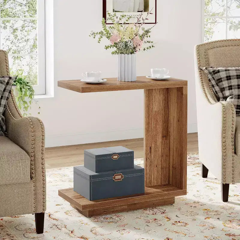 Lantine C-Shaped Side Table: 2-Tier, Sturdy Pedestal, Industrial Style for Living Room/Bedroom (Walnut Brown)