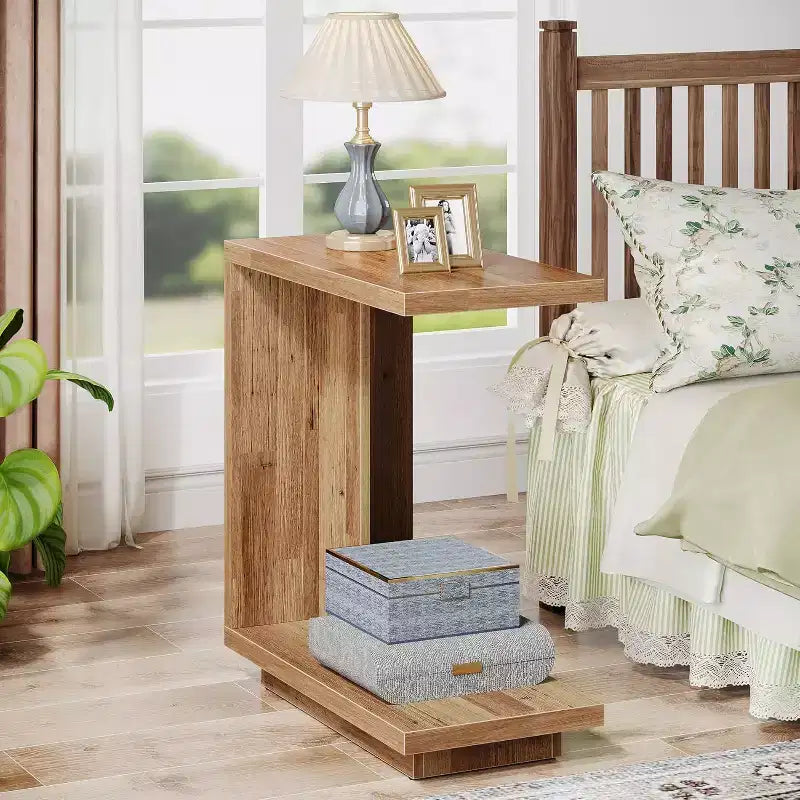 Lantine C-Shaped Side Table: 2-Tier, Sturdy Pedestal, Industrial Style for Living Room/Bedroom (Walnut Brown)