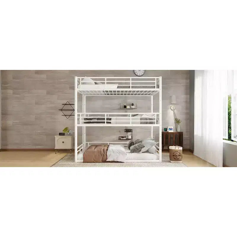Bellemave Bunk Bed with Safety Guardrails, Metal Triple Bunk Bed with Noise-reduced Design for 3 Kids, Space-Saving