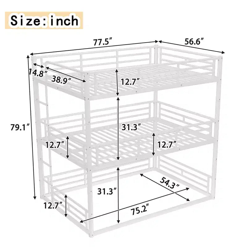 Bellemave Bunk Bed with Safety Guardrails, Metal Triple Bunk Bed with Noise-reduced Design for 3 Kids, Space-Saving