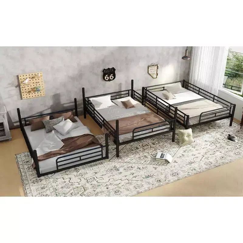 Bellemave Bunk Bed with Safety Guardrails, Metal Triple Bunk Bed with Noise-reduced Design for 3 Kids, Space-Saving