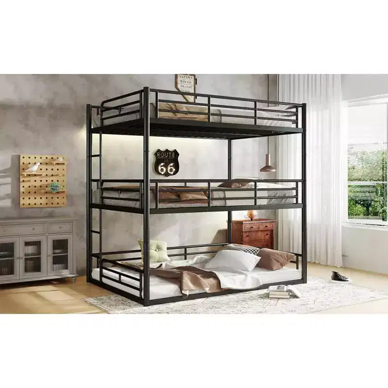 Bellemave Bunk Bed with Safety Guardrails, Metal Triple Bunk Bed with Noise-reduced Design for 3 Kids, Space-Saving