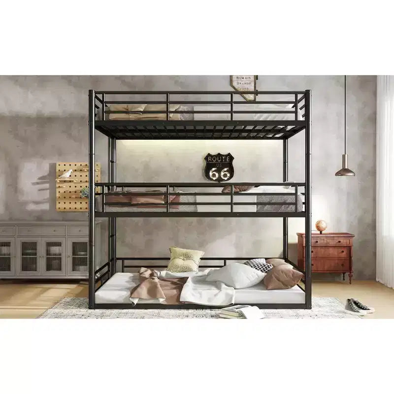 Bellemave Bunk Bed with Safety Guardrails, Metal Triple Bunk Bed with Noise-reduced Design for 3 Kids, Space-Saving